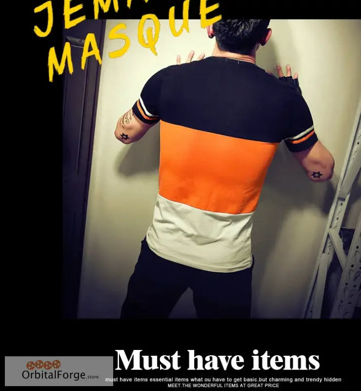 Slim Fit Color-Blocked T-Shirt in Cotton-Polyester Blend with orange, black, and white panels