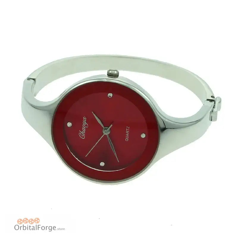 Elegant Stainless Steel Women’s Cuff Watch with Burgundy Red Dial Face