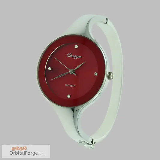 Stainless Steel Women’s Cuff Watch with a Round Red Dial and Elegant Design