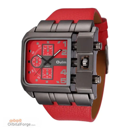 Stylish Oulm Men’s Quartz Watch with red leather band and gunmetal grey chronograph dials