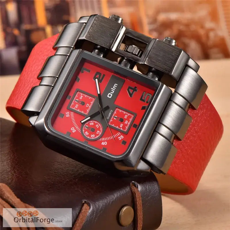 Square-faced Oulm Men’s Quartz Watch with red dial and leather strap for stylish wear