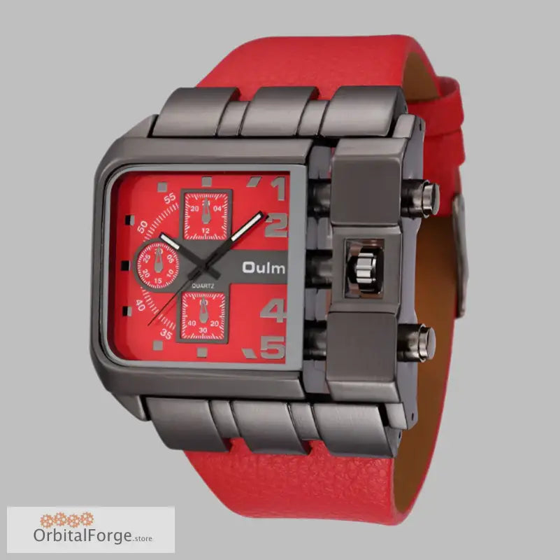 Stylish Oulm Men’s Quartz Watch featuring a square face, red leather strap, and gunmetal casing