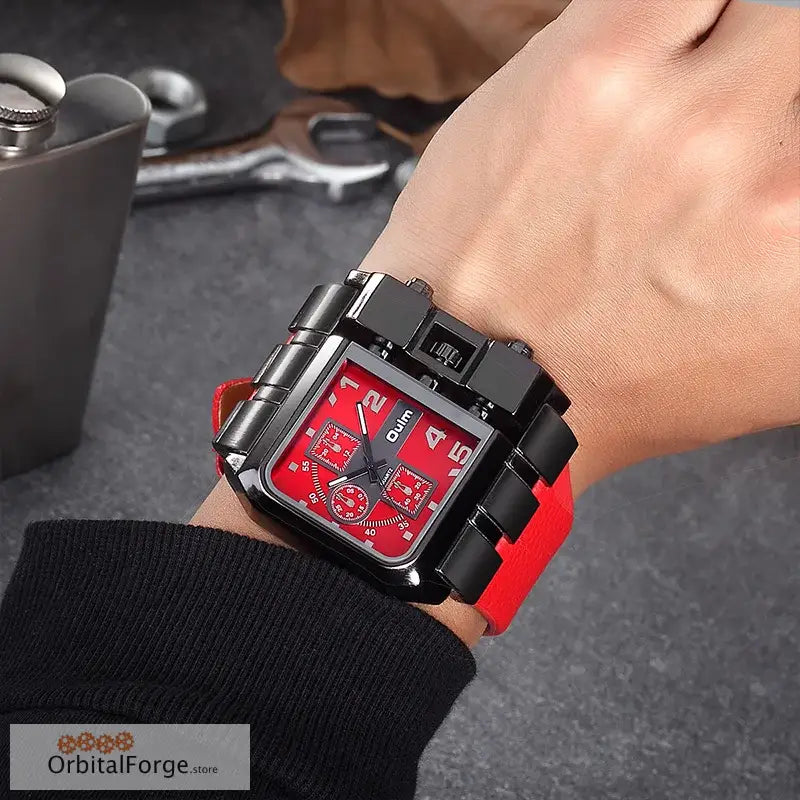 Stylish Oulm Men’s Quartz Watch with red dial and rubber strap for active lifestyles