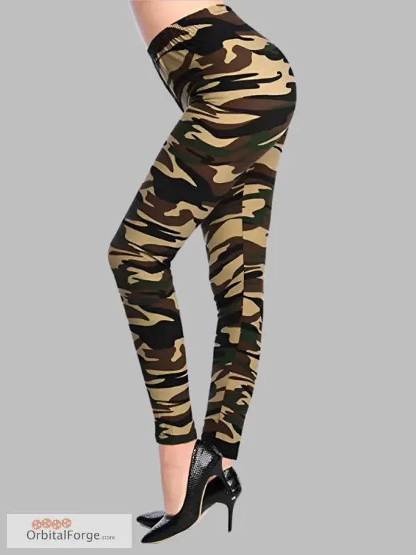 Stylish Slim Stretch Camouflage Leggings for Casual Wear with Black High Heels