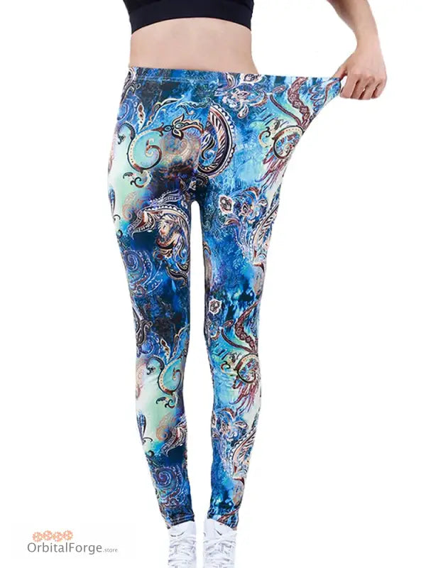 Stylish Slim Stretch Camouflage Leggings in blue, turquoise, and purple paisley pattern