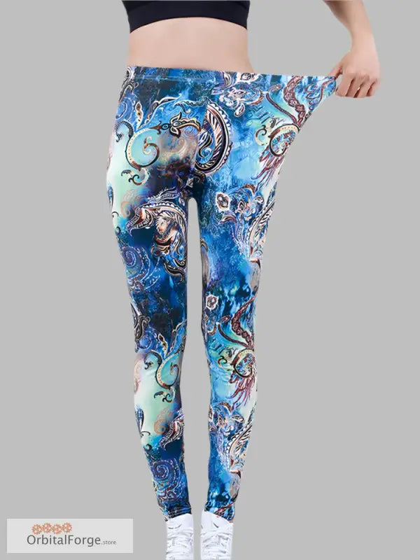 Stylish Slim Stretch Camouflage Leggings with swirling blue and turquoise paisley patterns