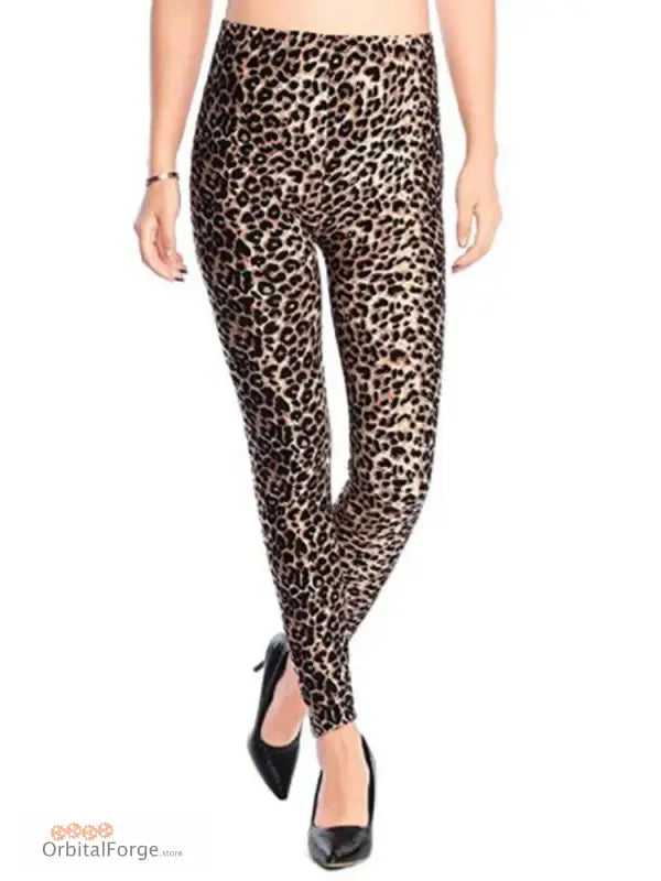 Leopard print leggings with black heels for stylish women’s camouflage casual wear