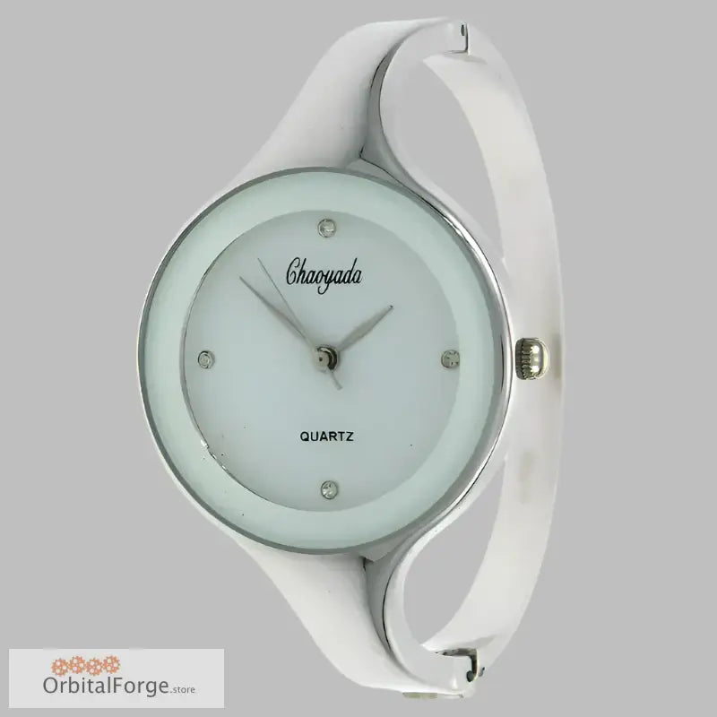 White bangle-style women’s cuff watch with stainless steel bracelet and minimalist face