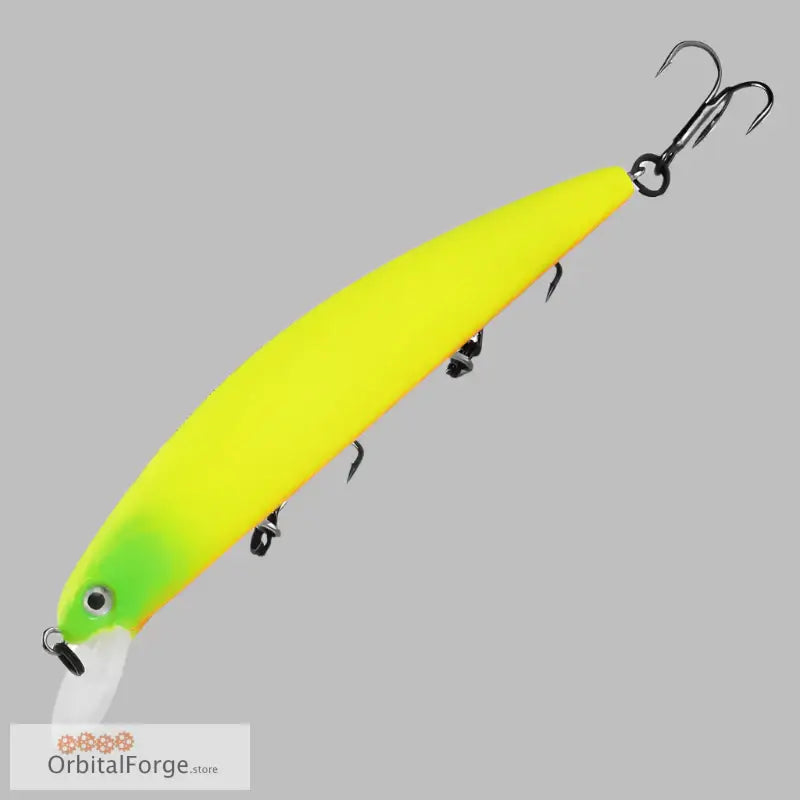 Yellow and green Super Weight fishing lure with fish skin design and multiple hooks