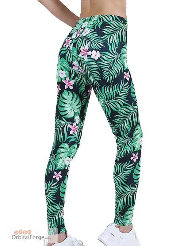 Tropical Camouflage Leggings with Slim Stretch and vibrant palm leaves and flowers