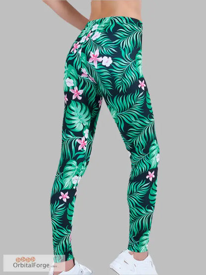 Tropical Camouflage Leggings with Slim Stretch, featuring green palm leaves and pink flowers