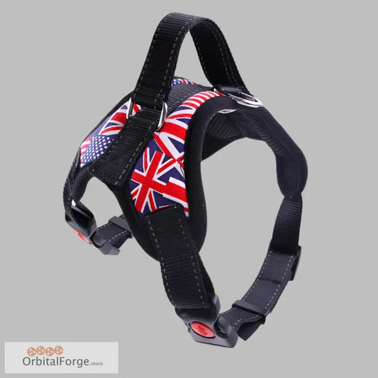 Union Jack Dog Harness made from heavy-duty nylon for comfort and durability