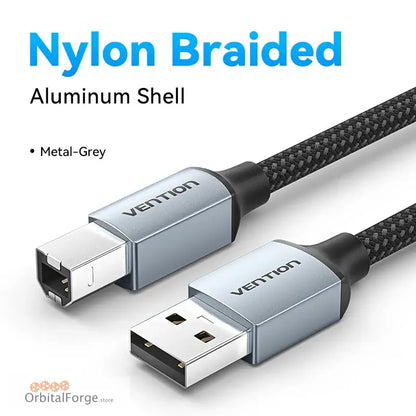 Nylon-braided USB printer cable with oxygen-free copper and aluminum connectors in grey