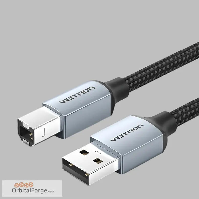 USB printer cable with braided black cord and metallic silver connectors for high-speed data transfer