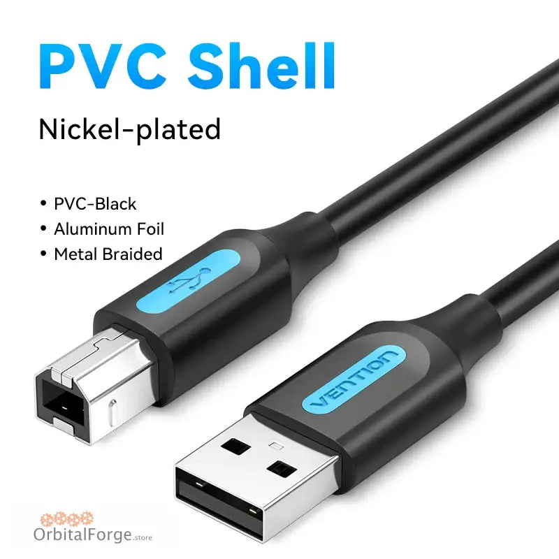 Black USB Printer Cable with Oxygen-Free Copper for Reliable Data Transfer and Blue Accents