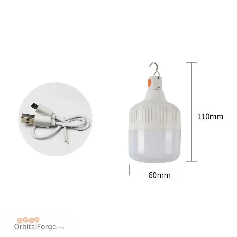 Portable LED light bulb with USB charging cable.