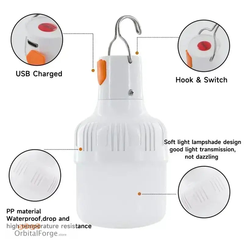 USB-rechargeable portable LED bulb with hook and waterproof housing.