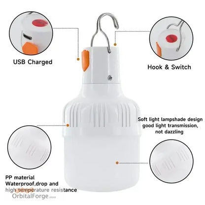 USB-rechargeable portable LED bulb with hook and waterproof housing.