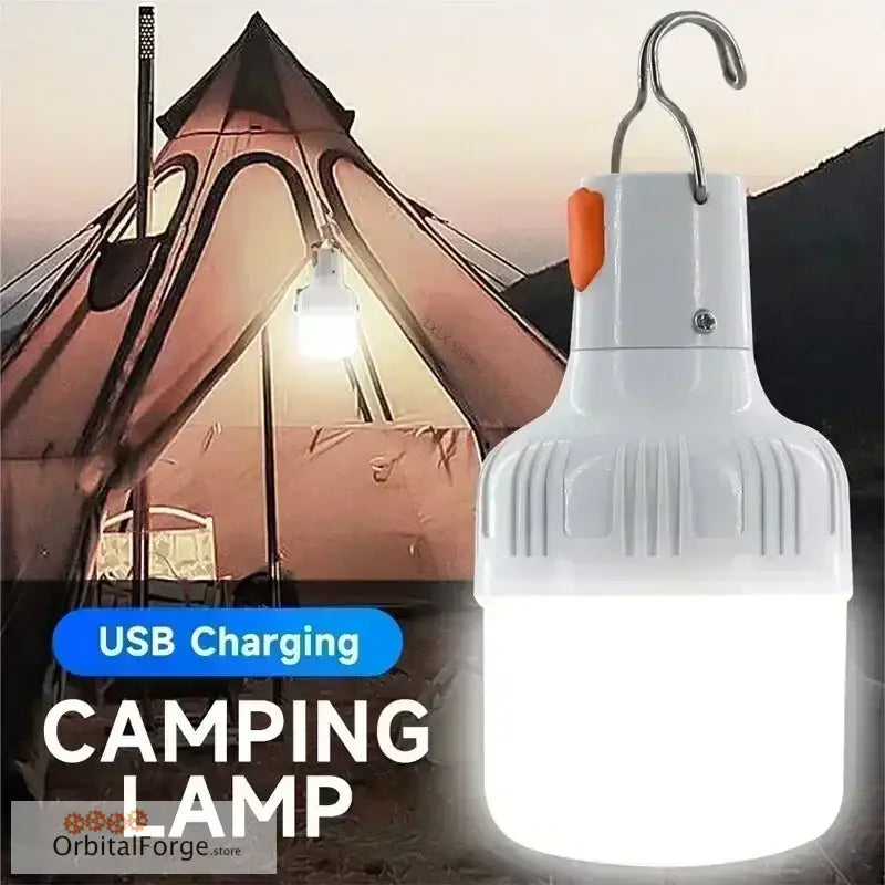 USB-rechargeable portable camping lamp with a hook for hanging.