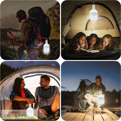 A portable LED camping lantern with a white diffused light.