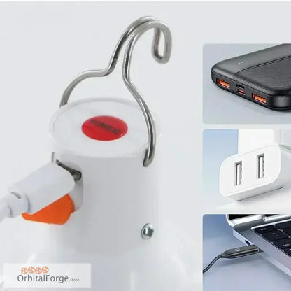 White USB power adapter with a hook-shaped hanger attachment.