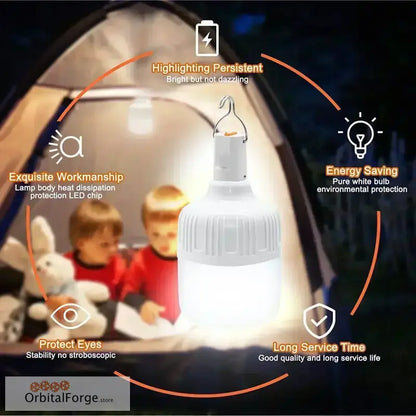 White LED light bulb with labeled features showing its benefits and specifications.