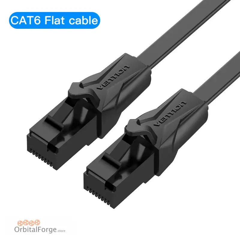 Black CAT6 Ethernet cable with molded connectors for fast, stable internet connection