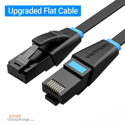 Black flat Cat6 Ethernet cable with blue accents and RJ45 connectors for fast internet