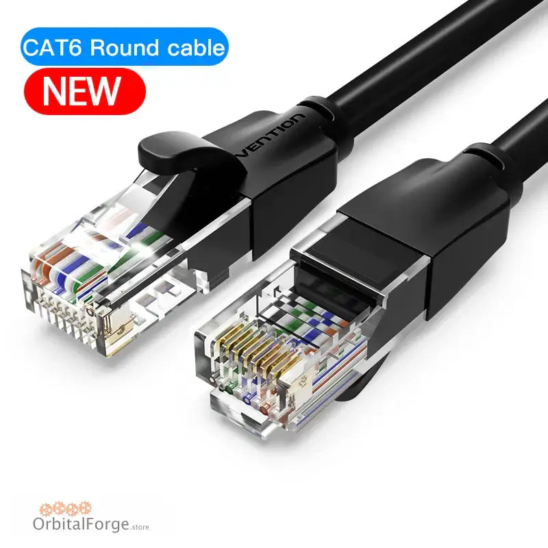 Black CAT6 Ethernet cable with transparent RJ45 connectors for fast internet connectivity