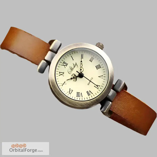 Classic Vintage Roman Numeral Wristwatch with Cream Dial and Brown Leather Strap