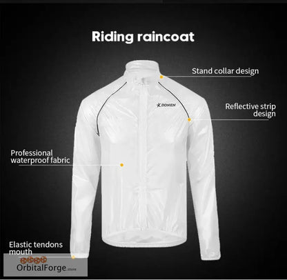 White waterproof cycling jacket with reflective strips and stand collar design