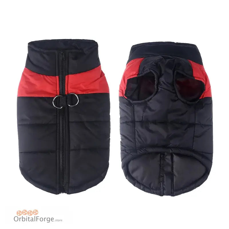 Padded black and red winter vest jacket for dogs.