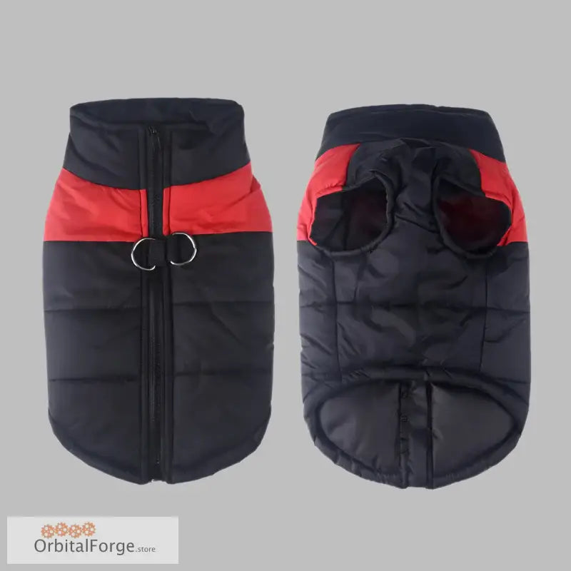 Black and red waterproof dog vest jacket with padded design and zipper closure