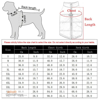 Size chart for measuring dog clothing dimensions including neck, chest and back length measurements.