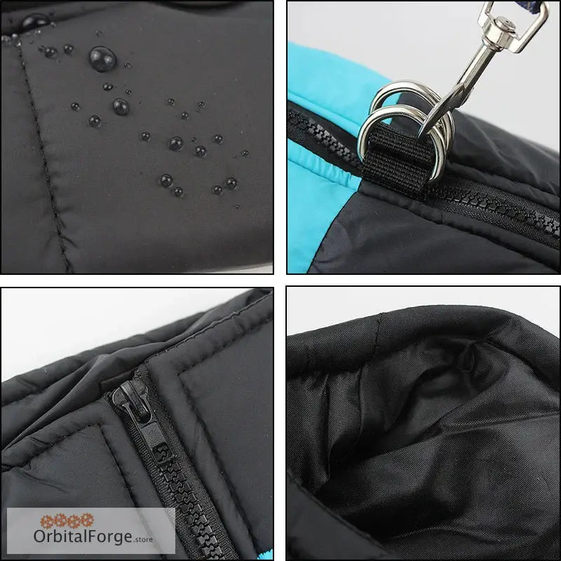 Waterproof black and turquoise bag with zipper details and metal clip attachment.