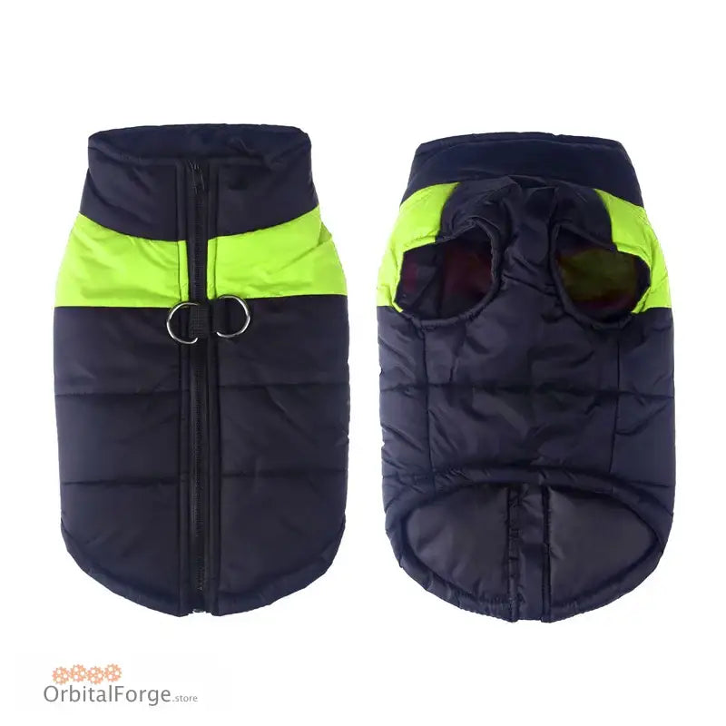 Navy blue and neon yellow padded dog vest with a zipper closure.