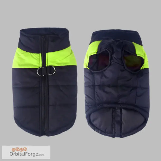 Navy blue and neon yellow waterproof dog vest jacket with zipper closure for all sizes