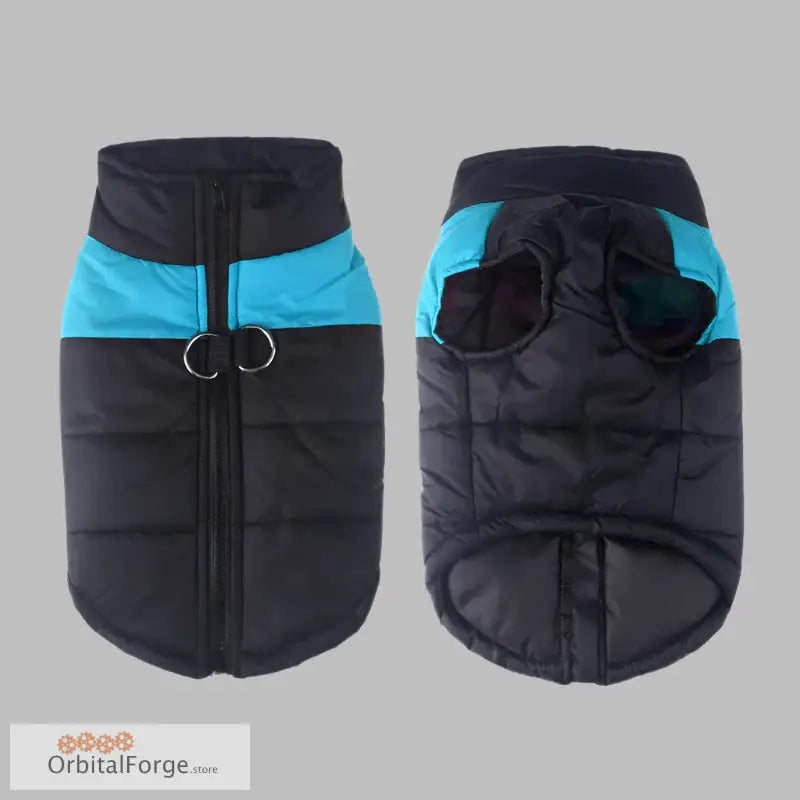 Black and turquoise waterproof dog vest jacket with zippered front for warmth