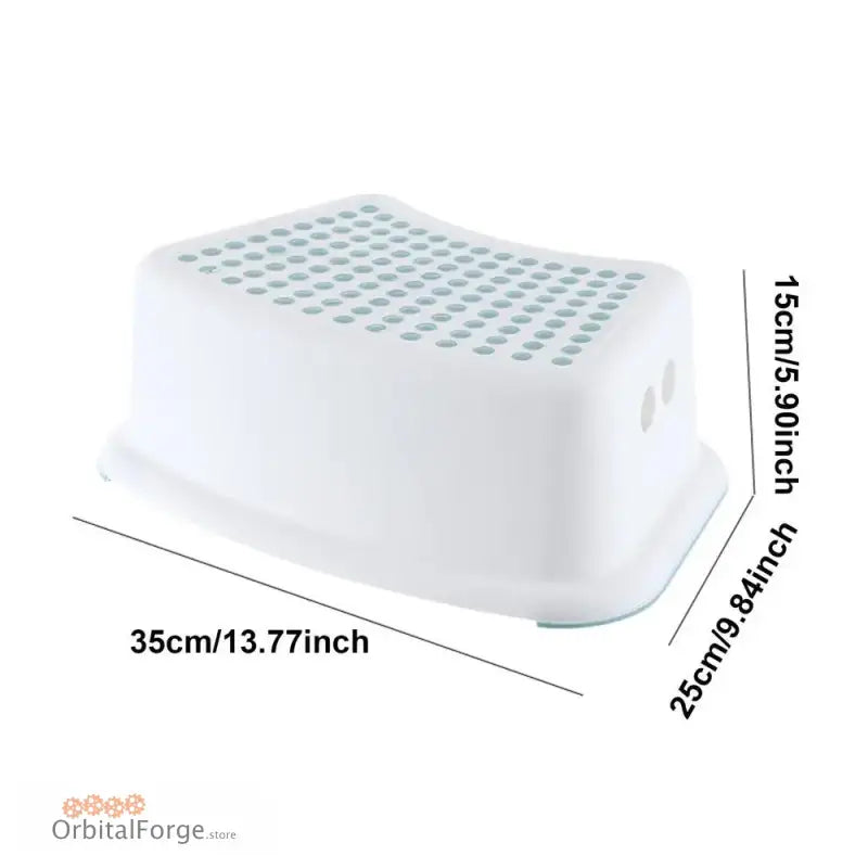 White plastic step stool with a textured non-slip top surface.