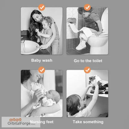 Four black and white instructional photos showing basic childcare activities with checkmarks.