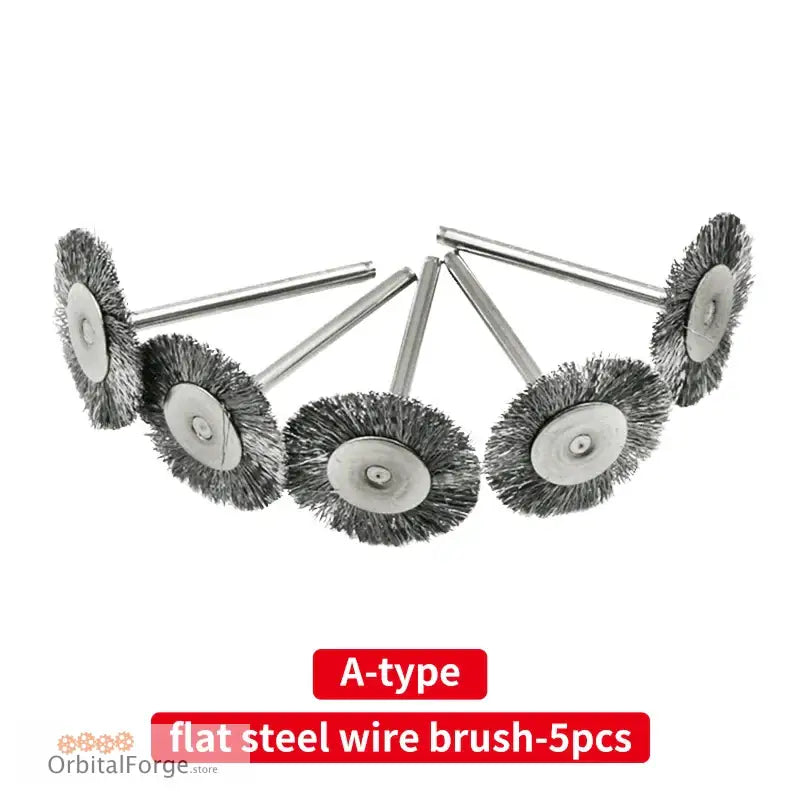 Five circular steel wire brushes with metal shafts arranged in a fan pattern.