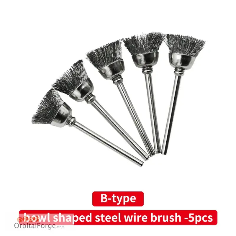 Five bowl-shaped steel wire brushes with metal stems arranged in a fan pattern.