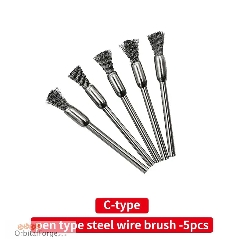 Five pen-style steel wire brushes with metal shafts and bristled tips arranged in a fan pattern.