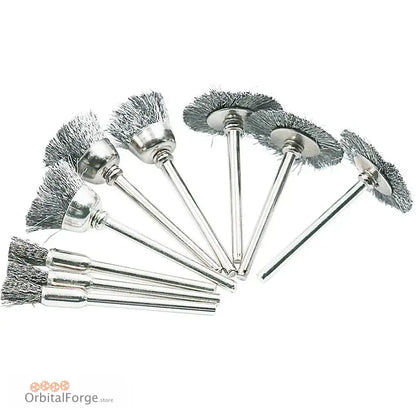 Set of wire brush attachments with metal shafts arranged in a fan pattern.