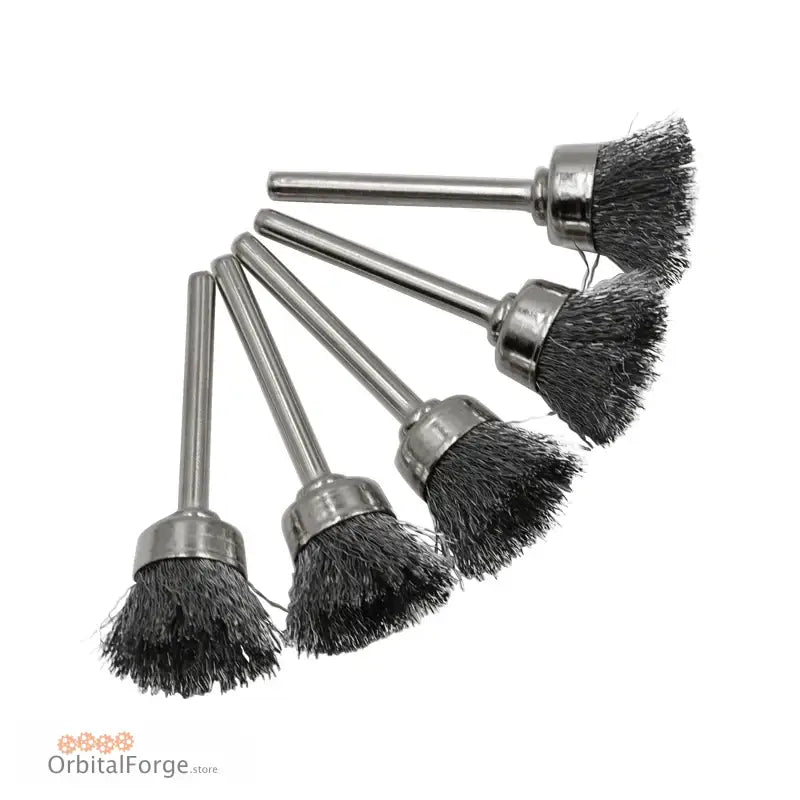 Five wire brush attachments with metal shafts arranged in a fan pattern.