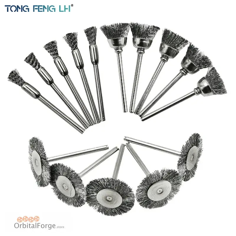 Set of stainless steel wire brush attachments arranged in a circular pattern.