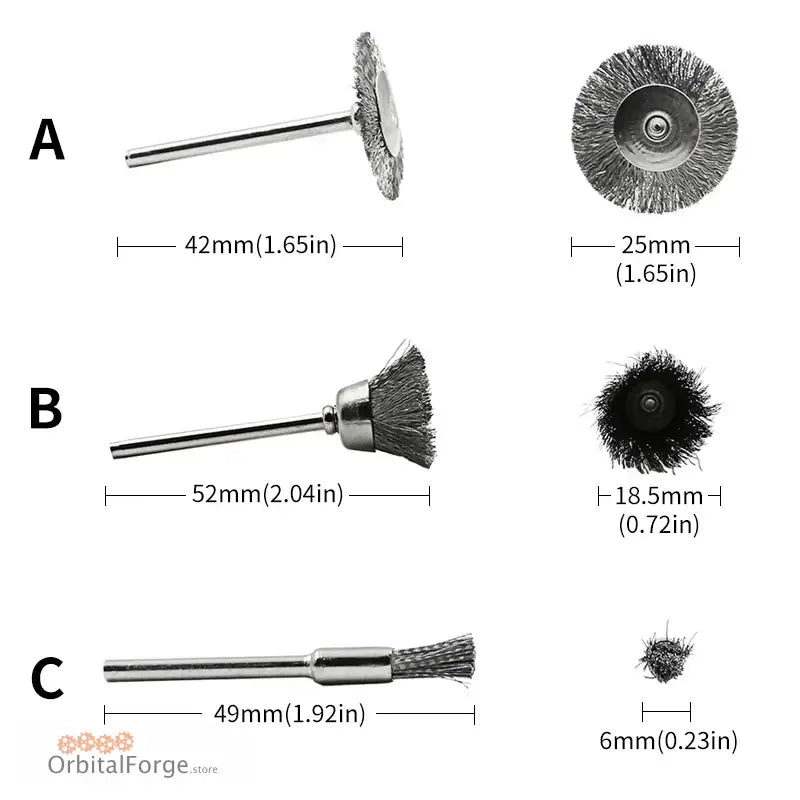 Three different wire brush attachments with metal bristles and mounting shafts.