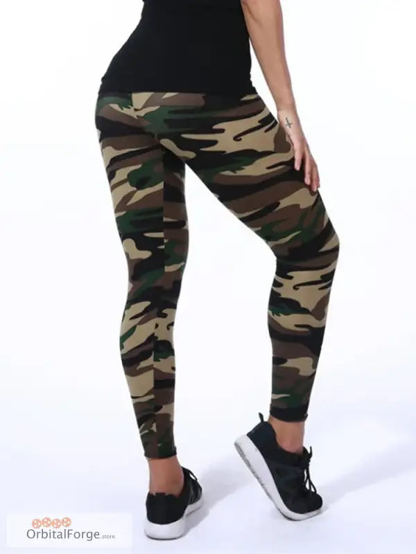 Women’s Camouflage Leggings with Slim Stretch Fit worn with stylish black sneakers