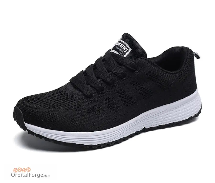 Women’s Lightweight Lace-Up Black Flats - Breathable Mesh Walking Shoes Plus Size Round Toe Nurse Sneakers for Casual