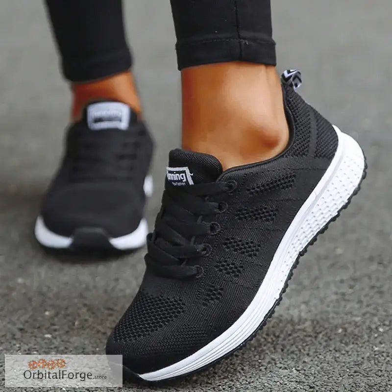 Women’s Lightweight Lace-Up Black Flats - Breathable Mesh Walking Shoes Plus Size Round Toe Nurse Sneakers for Casual